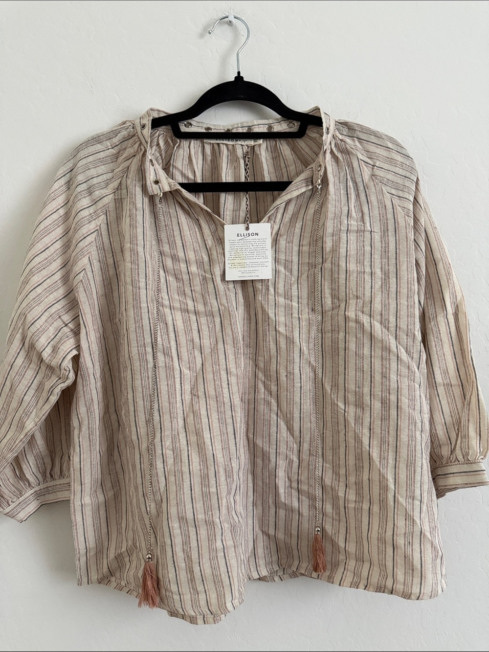 Ellison Neutral Striped Tie-Neck Blouse Sz S